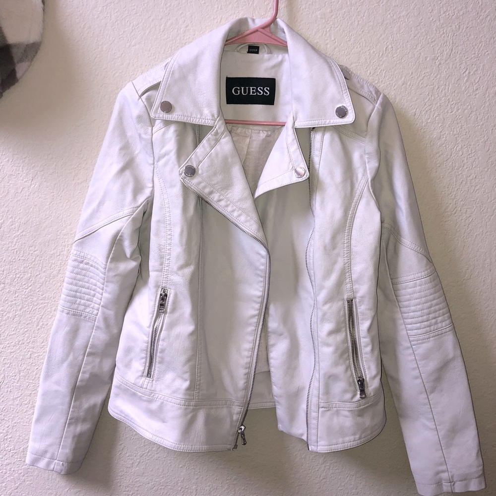 Cream Guess Faux leather moto jacket
